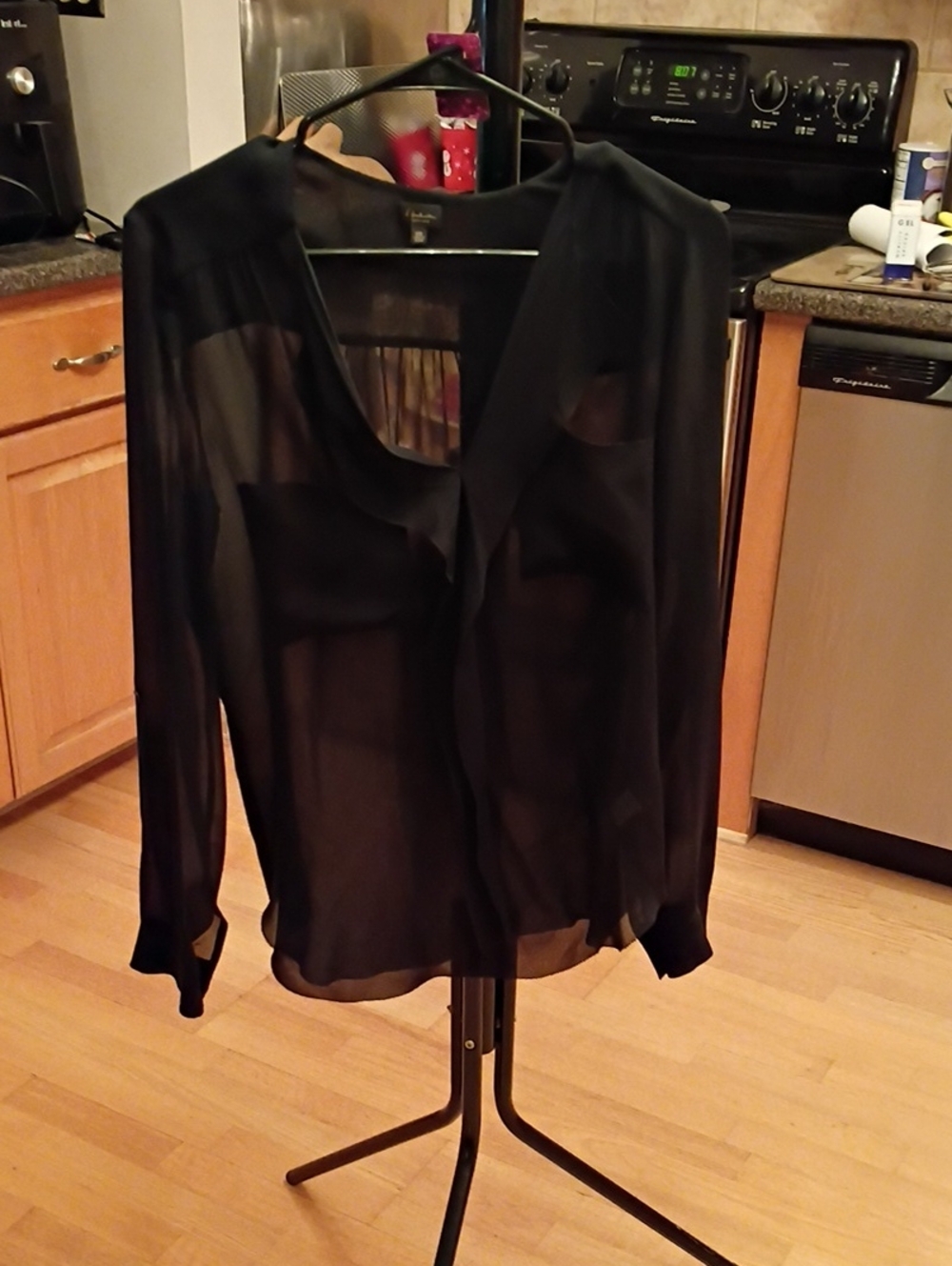 Babaton Black Sheer V-Neck Long Sleeve Blouse 100 Percent Silk.